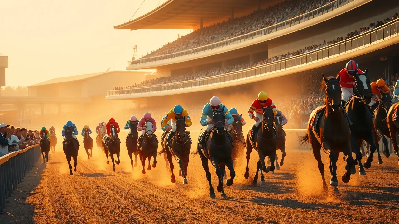 Horse race with jockeys and spectators