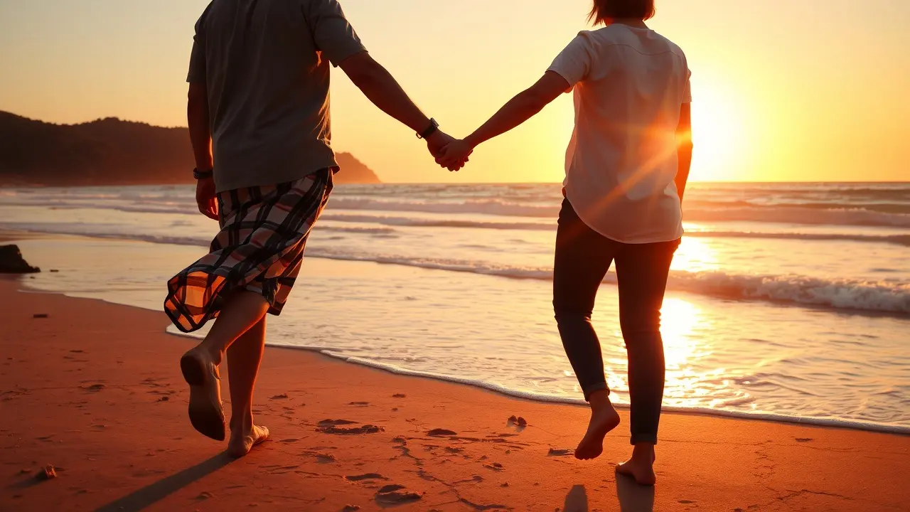 A serene couple holding hands at sunset represents marital healing.