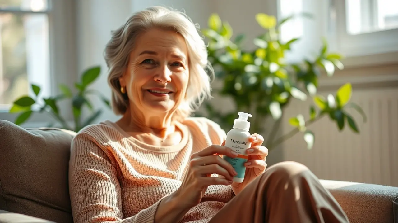 Menosoothe Review: Does This Supplement Really Ease Menopause Symptoms? Woman holding Menosoothe supplement bottle, smiling with relief
