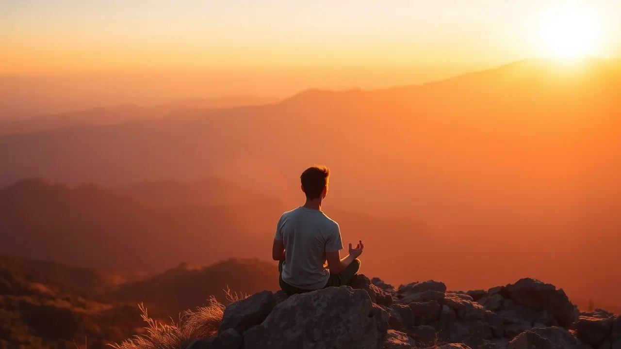 Men’s Mental Health E-course Review: Is It Worth It? Man meditating on mountain top at sunset