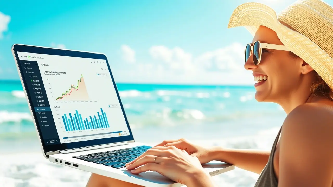 Millionaire Society Review: Legit Platform or Overhyped Scam? Person working on a laptop at a beach, showing income growth charts.