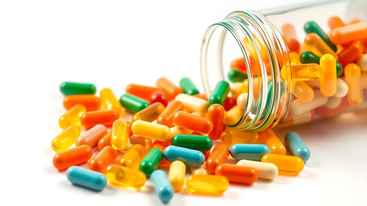 MITOLYN Review: Is This Supplement the Real Deal? Variety of vitamin and supplement capsules spilling from a bottle.