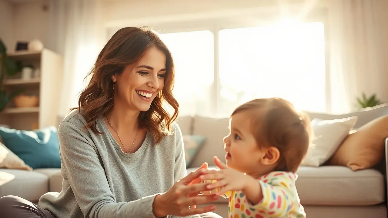Mother and child playing happily in a sunlit living room