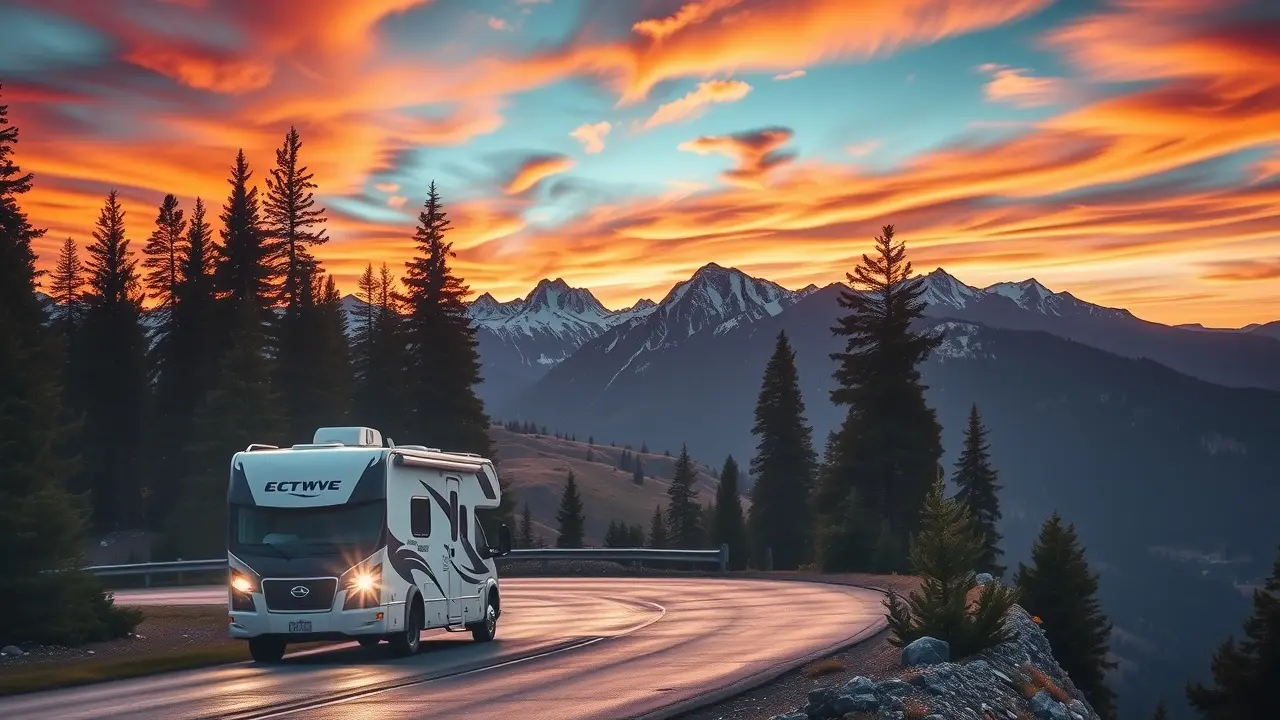 Mountain Directory Review: Is It a Must-Have for RVers and Truckers? RV navigating a mountain road at sunset