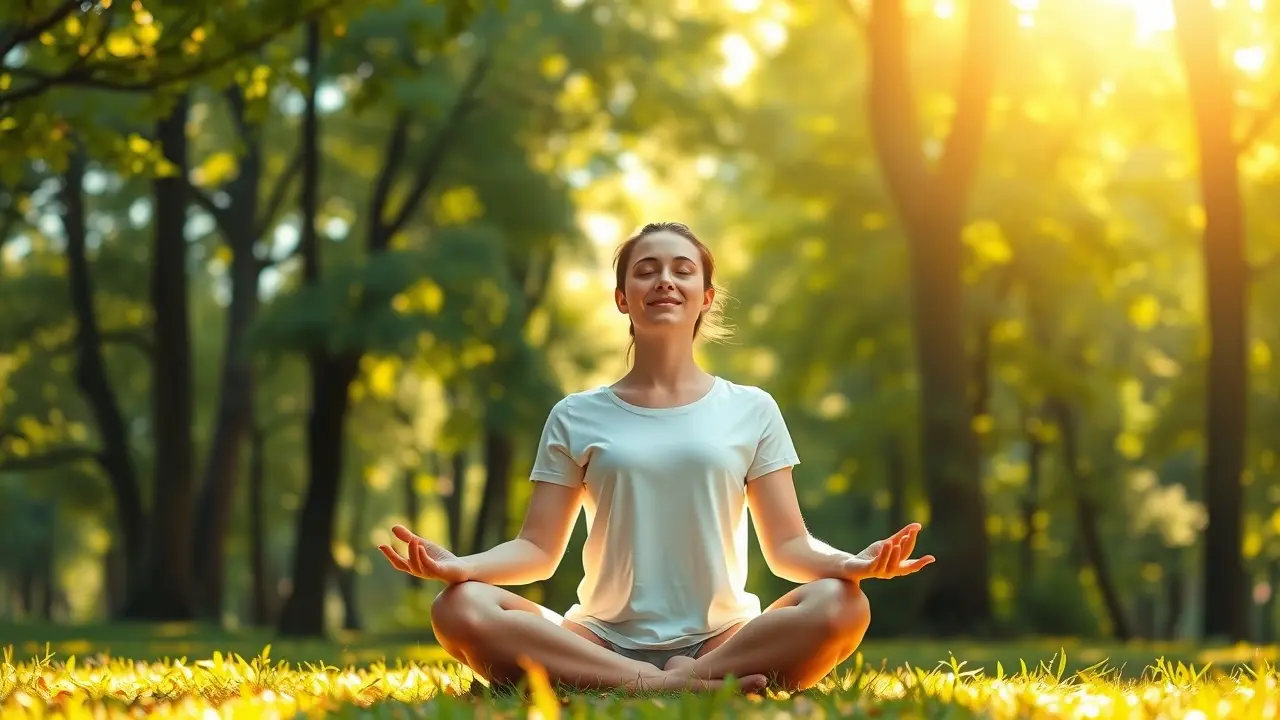 My Personal Frequency Review: Unlock Your Potential? Meditating person in forest clearing, bathed in golden light.