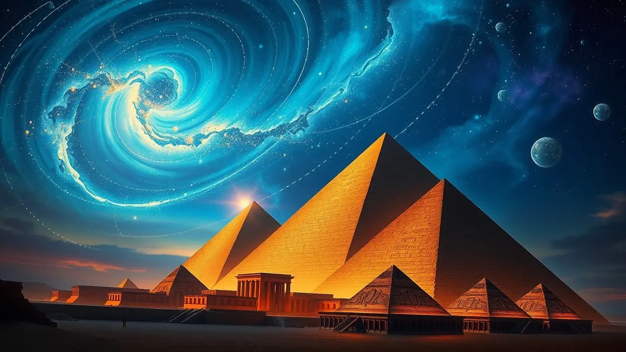 MysterySchool Code Review: Unlocking Ancient Wisdom for Modern Manifestation Ancient Egyptian pyramids under a starry night sky