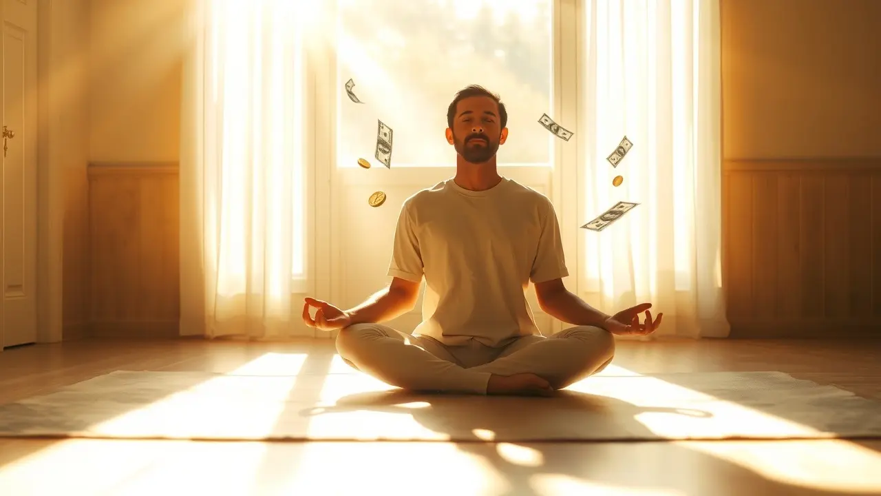 Neural Wealth Review: Can Hypnosis Really Attract Abundance? Meditating person with golden light and subtle money imagery