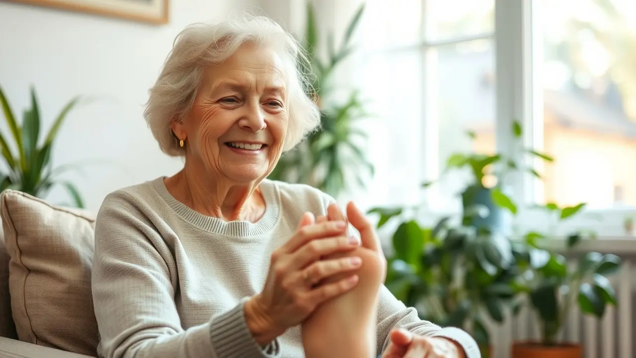 Neuropathy No More Review: Is It a Real Solution? Elderly woman smiling, touching feet in a sunlit room