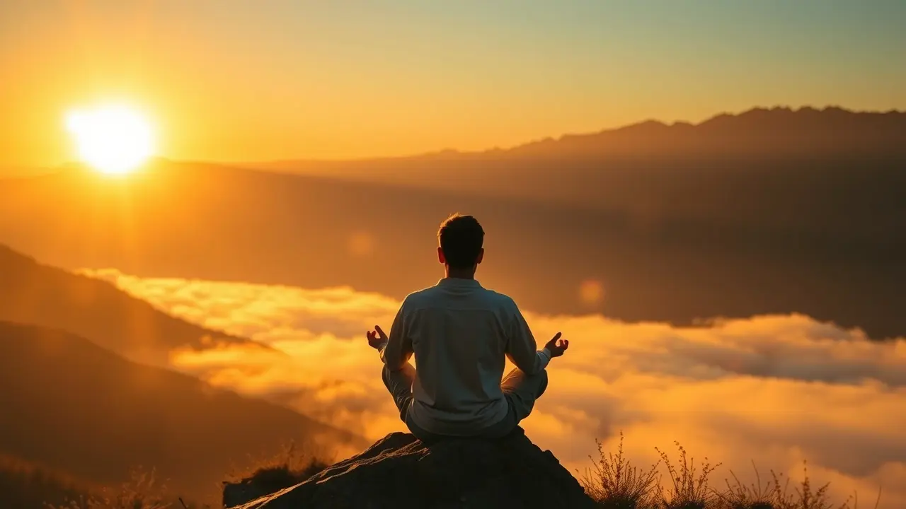 Unlock Abundance: A Review of the New Happiness Code Meditating person on mountaintop at sunrise