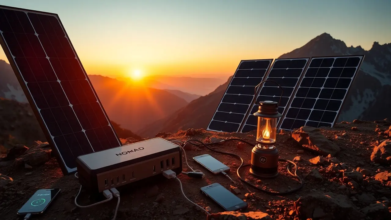 NOMAD Power System Review: Your Guide to Portable Solar Energy NOMAD Power System setup in mountain at sunset