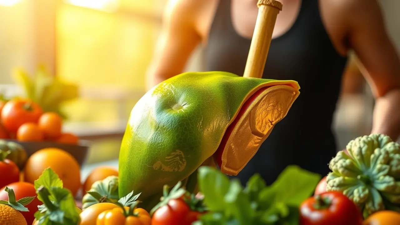 Non Alcoholic Fatty Liver Disease Solution: Is It Right For You? Image of a healthy liver surrounded by fruits and vegetables