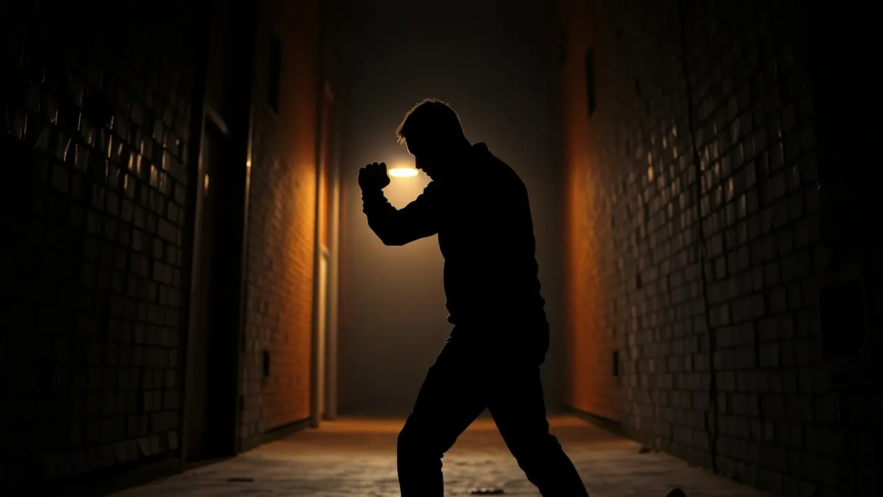 One Shot Fight Enders Review: Can It Really Save Your Life? Person in defensive stance in alleyway symbolizing self-defense.