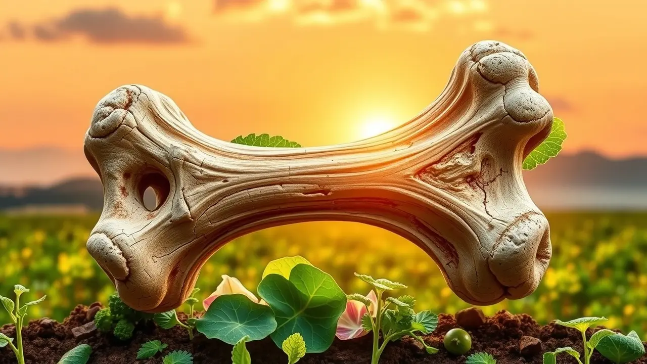 Osteoporosis – The Bone Density Solution: A Comprehensive Review Healthy bone surrounded by nutritious foods and a sunny landscape