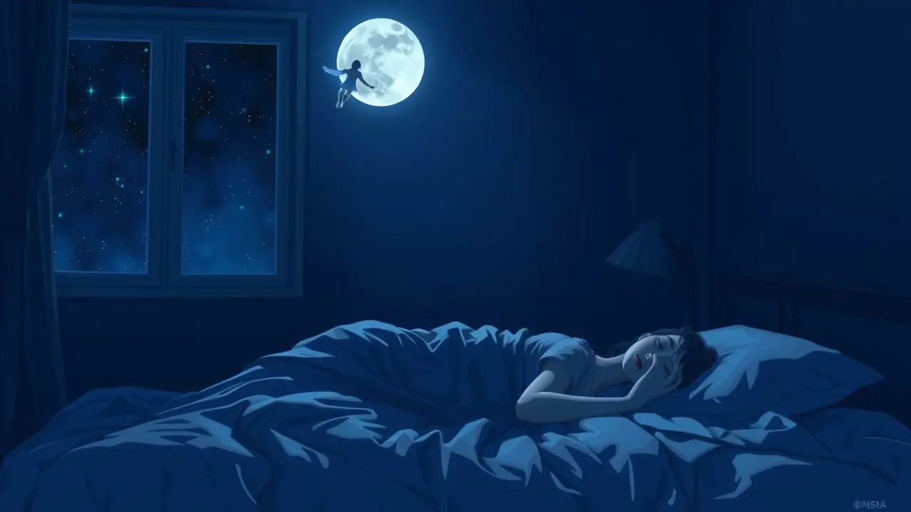 Astral projection scene with floating figure