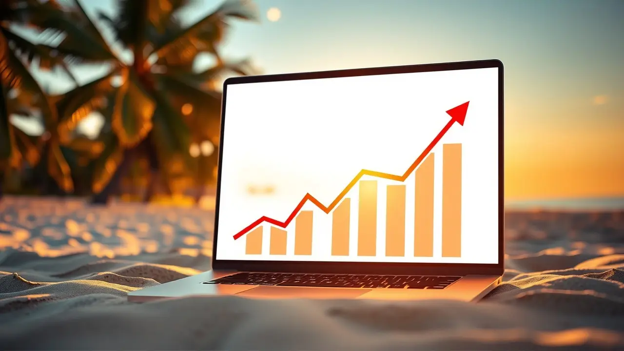 Passive Profit Pages Review: Can You Really Make Money? Laptop on a beach showing income growth graphs promoting Passive Profit Pages