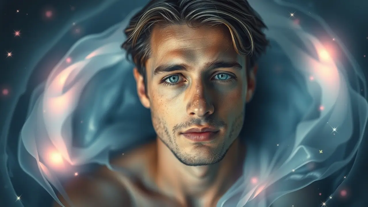 Pisces Man Secrets Review: Unlocking His Heart & Mind Dreamy Pisces man with serene eyes in a mystical setting