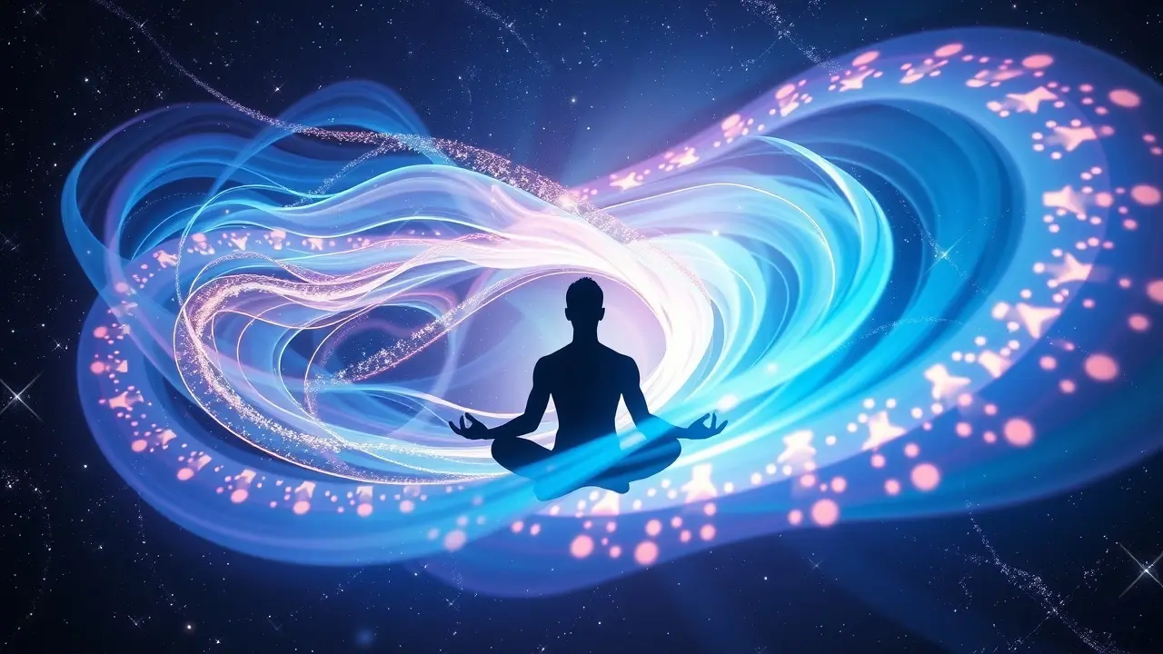 Plethora Wave Review: Unlocking Your Inner Potential? Meditating silhouette surrounded by a wave of shimmering energy.