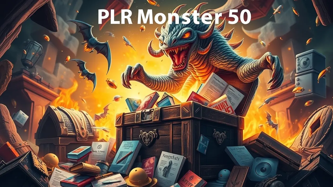 PLR Monster 50 Product Packages Review: Are They Worth It? Illustration of digital products spilling from a PLR Monster chest