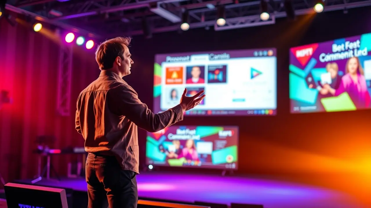 Prezentar Review: Is This Presentation Software Worth It? A person enthusiastically presenting on stage with vibrant presentation graphics.