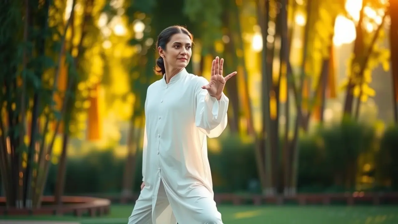 Qigong Power Training System Review: Unleash Your Inner Energy? Person performing Qigong in a garden at sunrise