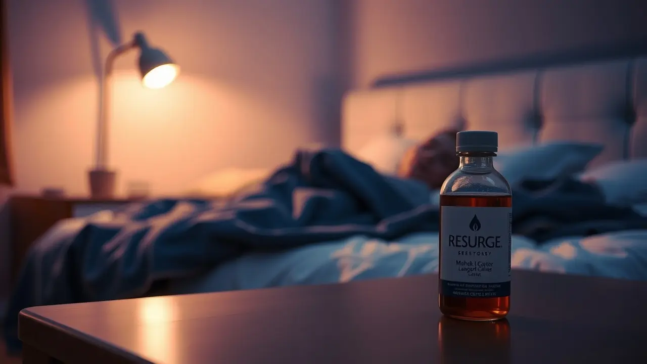 Resurge Review: Does This Sleep Supplement Really Work? Bottle of Resurge supplement on a nightstand in a peaceful bedroom scene.