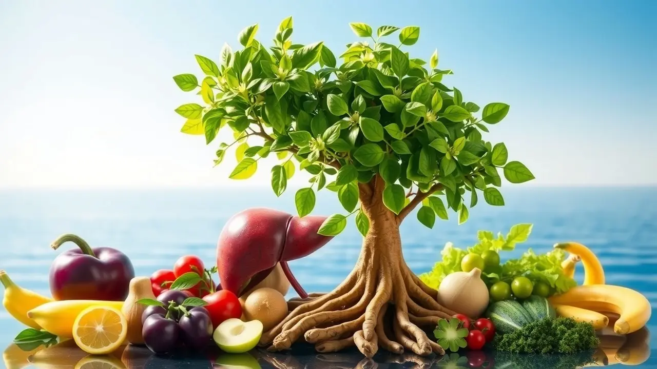 Reverse Your Fatty Liver Naturally: A Comprehensive Review Healthy liver represented by a lush green tree surrounded by nutritious food