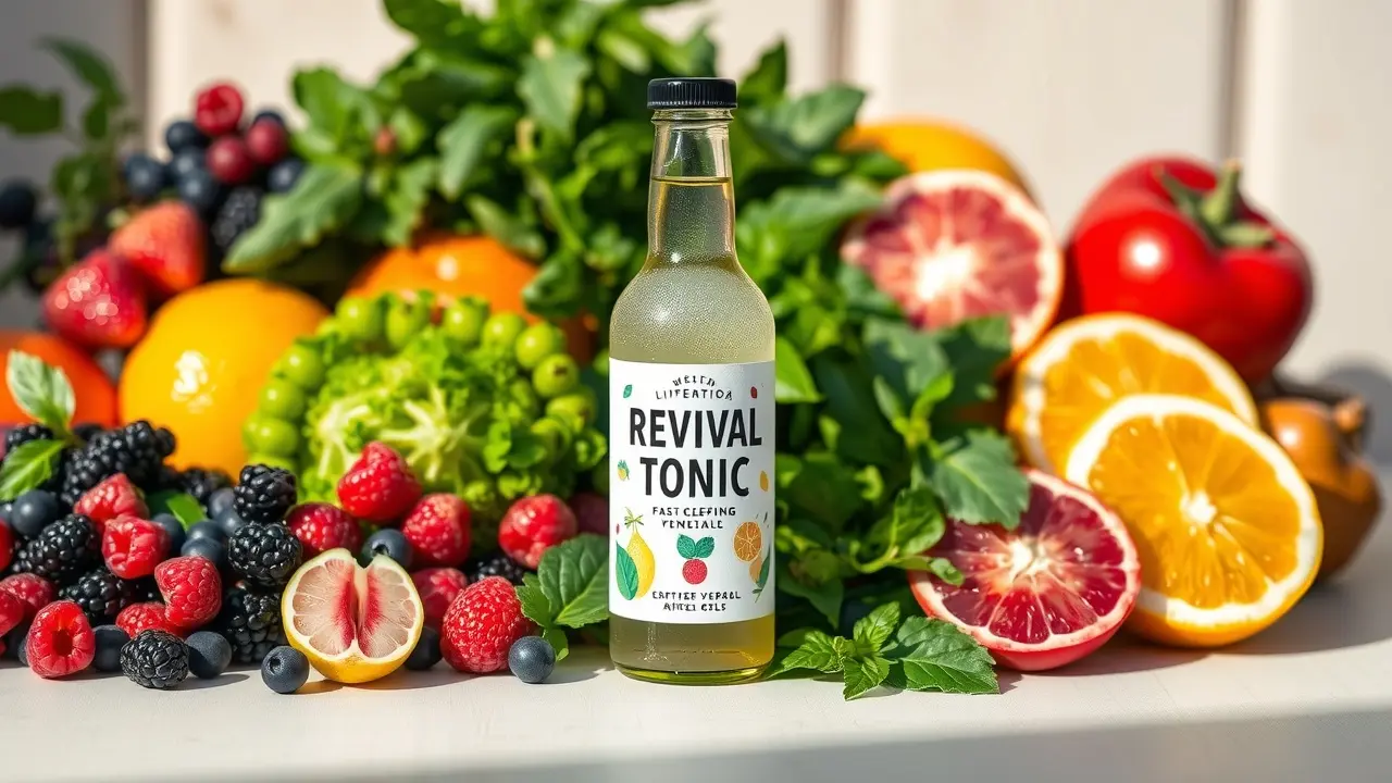 Revival Tonic Review: Does This Supplement Really Work? Revival Tonic supplement bottle with fruits and vegetables
