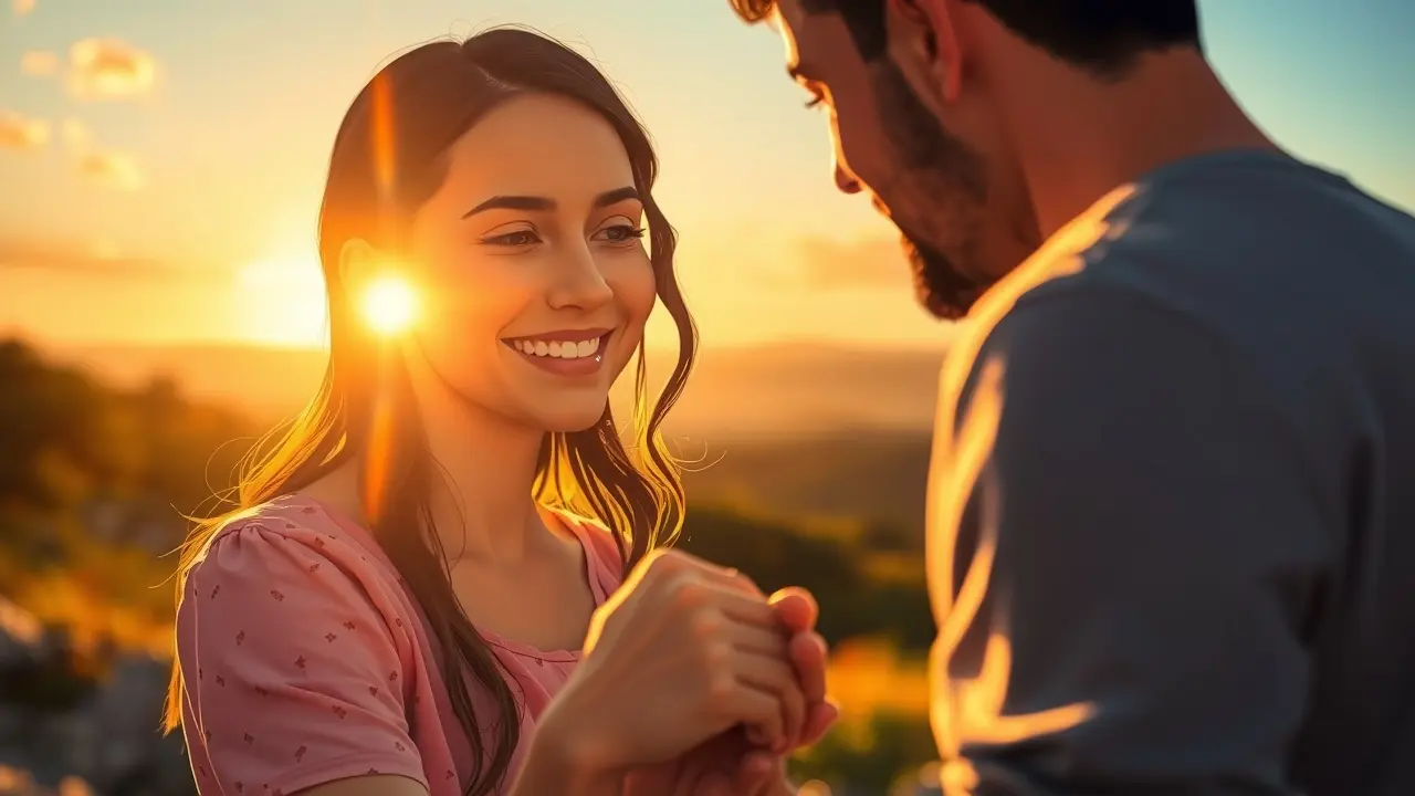 Woman holding hands with partner during sunset