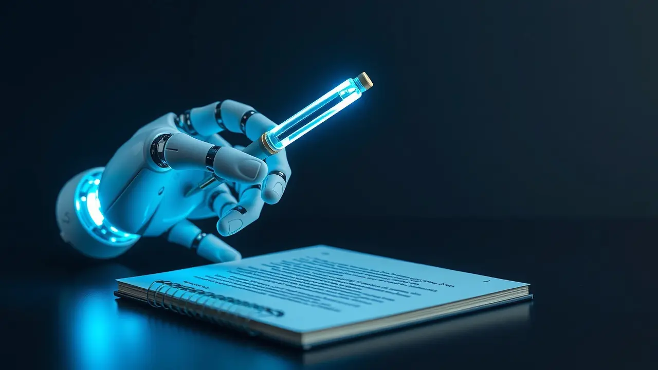 Robot Revolution Review: Can AI Really Write Your Way to Success? AI Copywriting Concept: Robot Hand Writing
