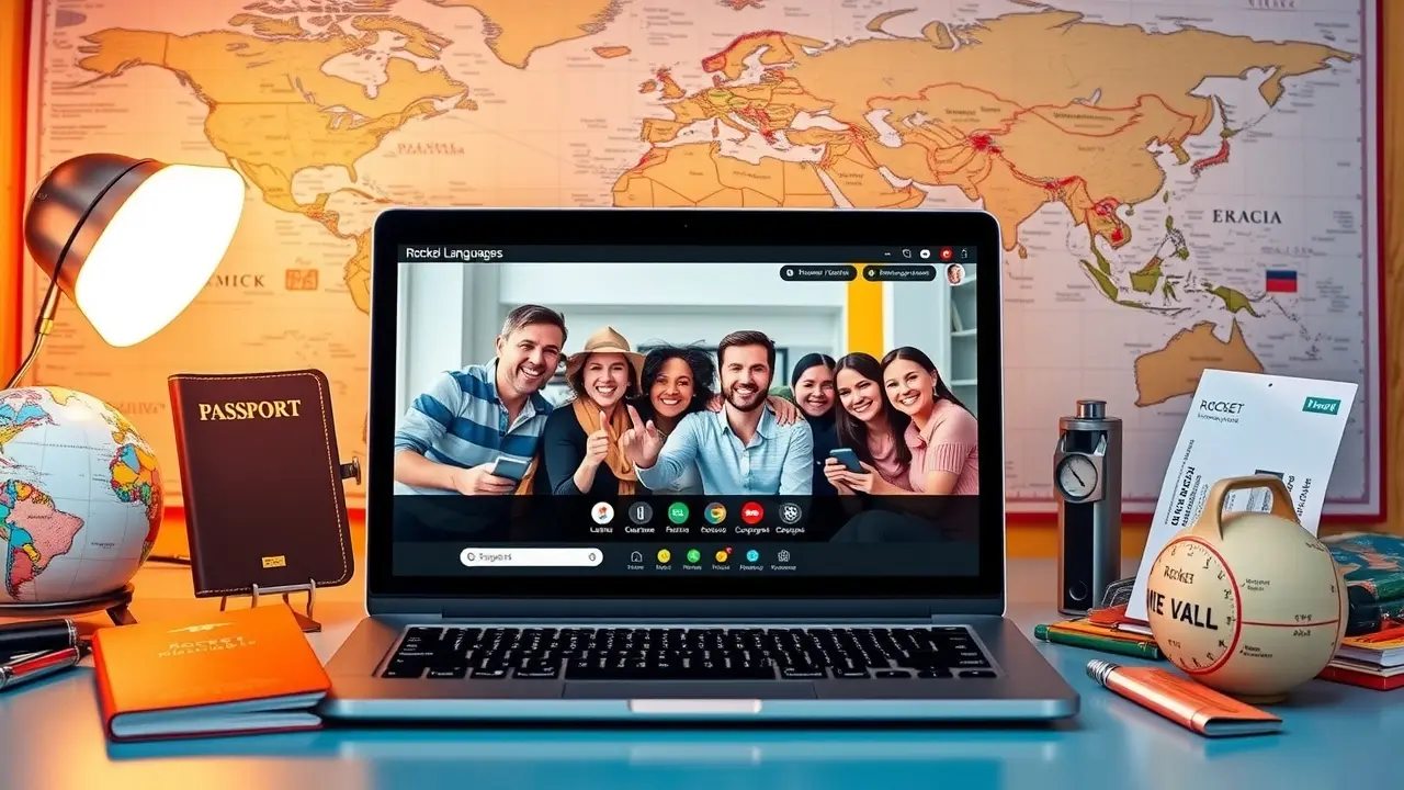 Rocket Languages Review: Is This Language Learning Platform Right for You? Rocket Languages on Laptop with travel items