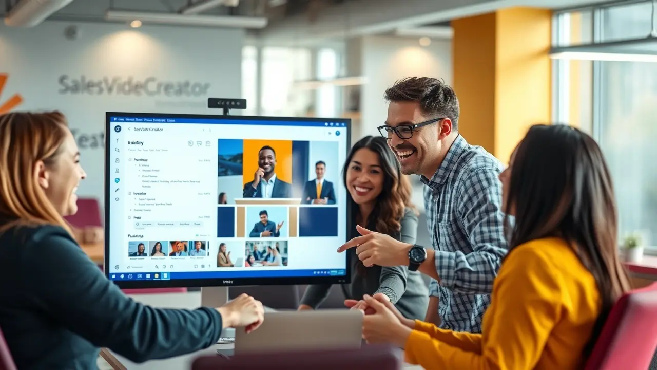 SalesVideoCreator Review: Automated Sales Videos Made Easy? SalesVideoCreator software interface displayed on a large monitor in a brightly lit office.
