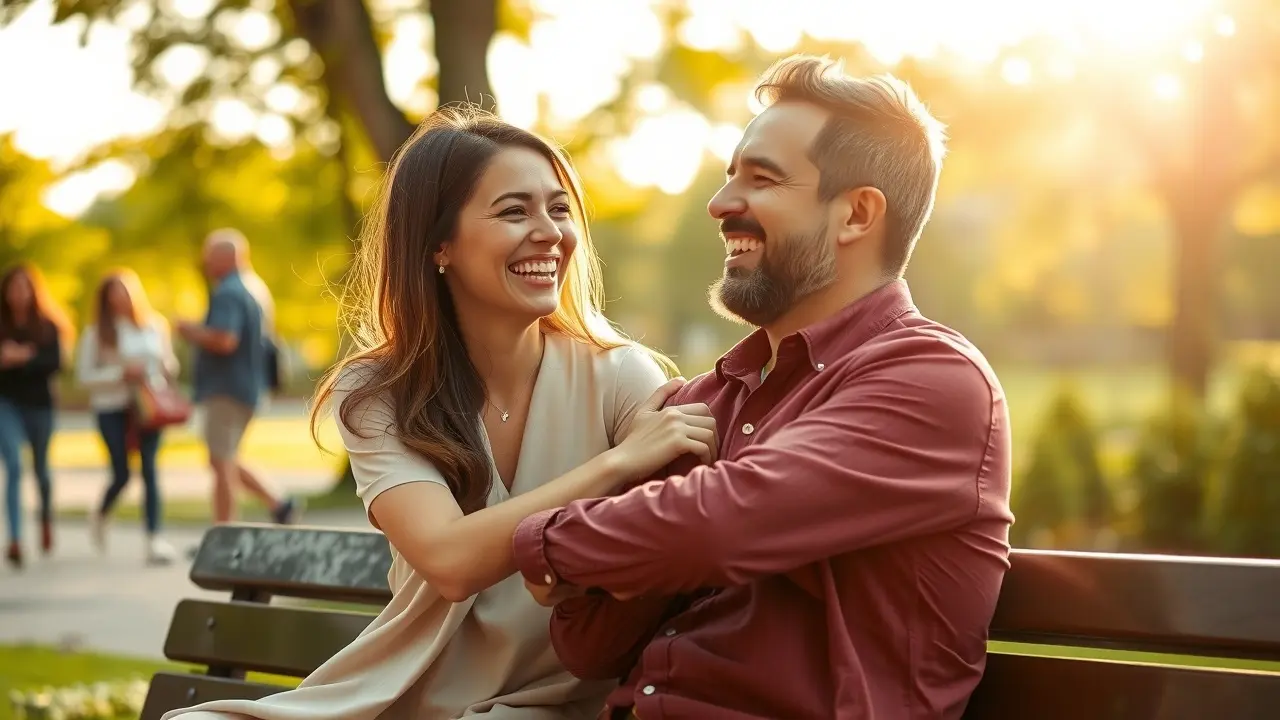 Say This To Men: Unlock His Heart and Mind Woman and man laughing together in a park
