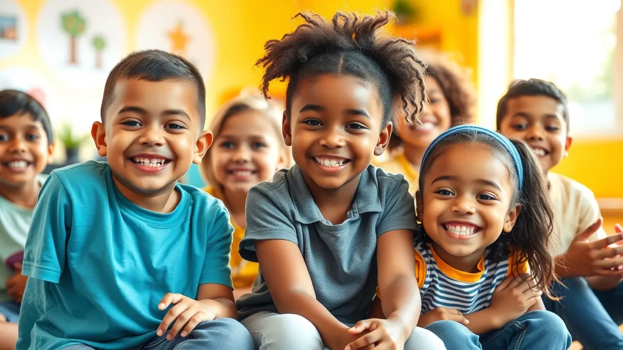 Diverse children smiling, promoting self-esteem.