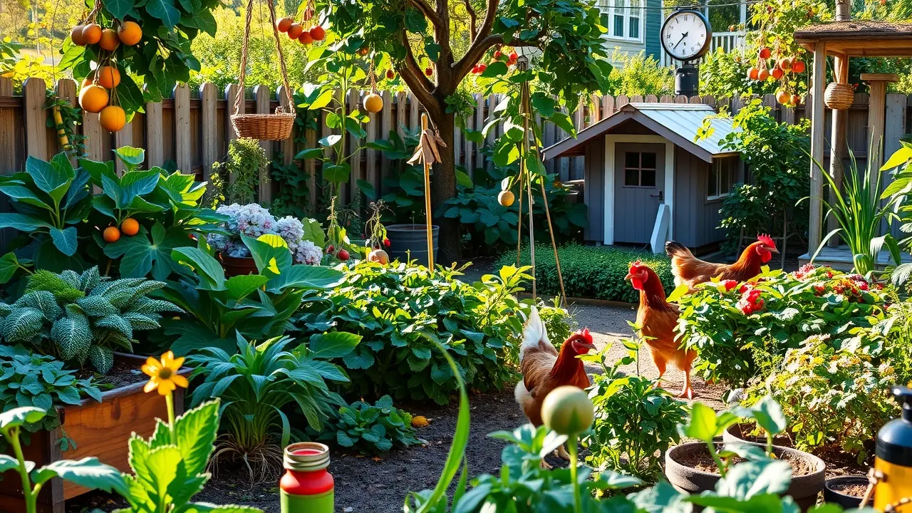 Self Sufficient Backyard: Is This Your Path to Independence? Lush self-sufficient backyard garden with diverse plants and chickens