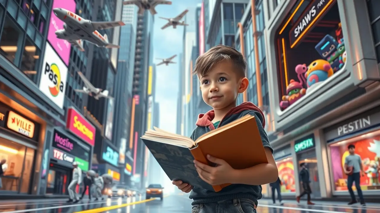 Shawn’s Adventures In The Future: A Child’s Eye View of Tomorrow Shawn in a futuristic city with robots and flying cars