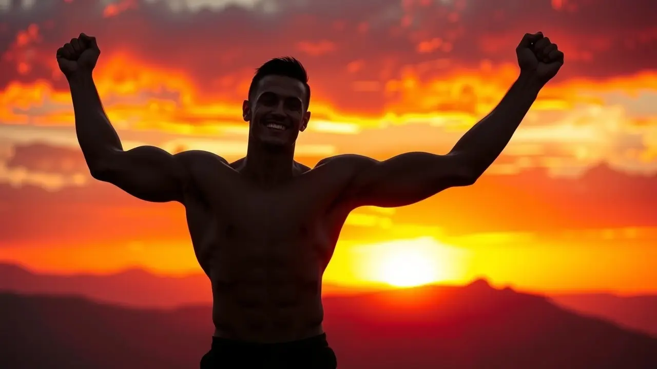 Confident man silhouette on mountaintop at sunset demonstrating male vitality