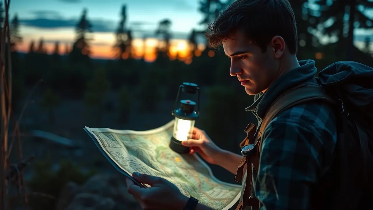 Survival MD Review: Is It the Ultimate Guide for Preparedness? Navigating Survival: A person using a map in a forest at dusk