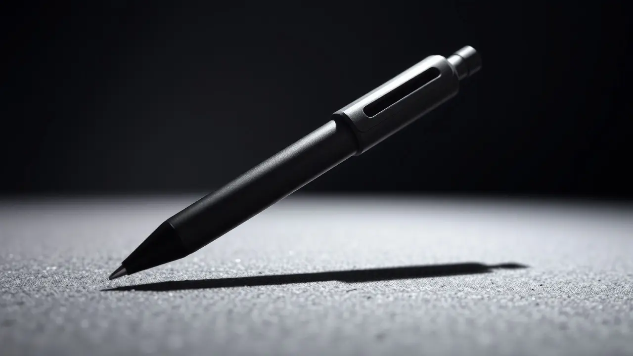 Close-up of a matte black tactical pen