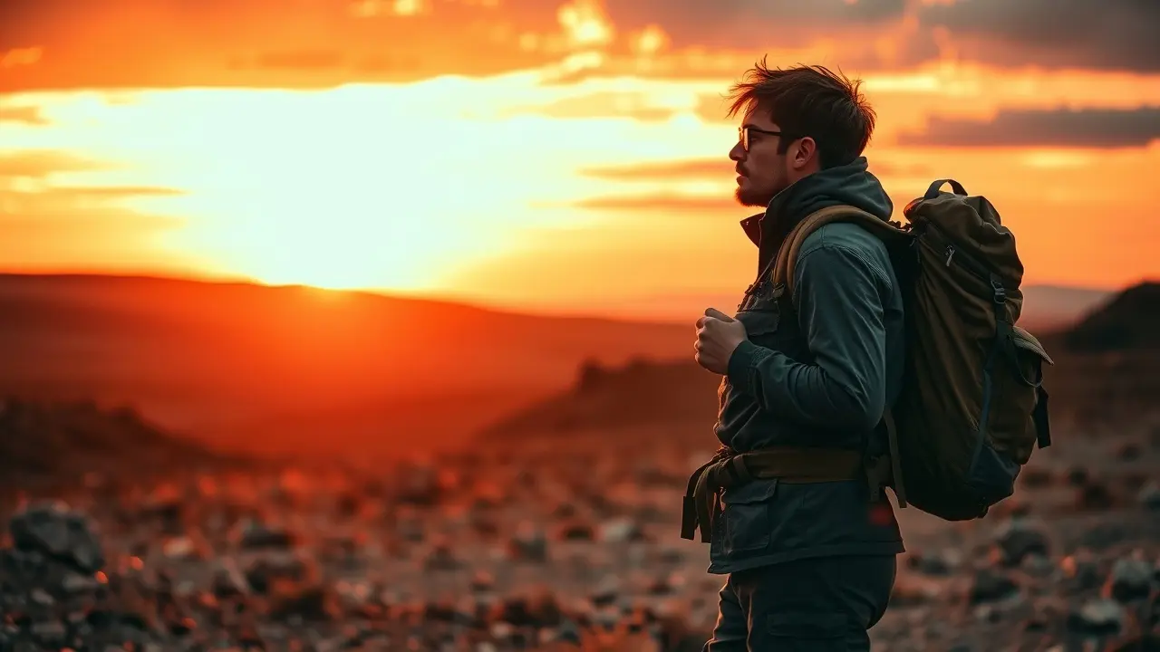 Takeover USA Review: Can This Survival Program Really Help You? Silhouette of a person prepared for survival, holding a compass at sunset.