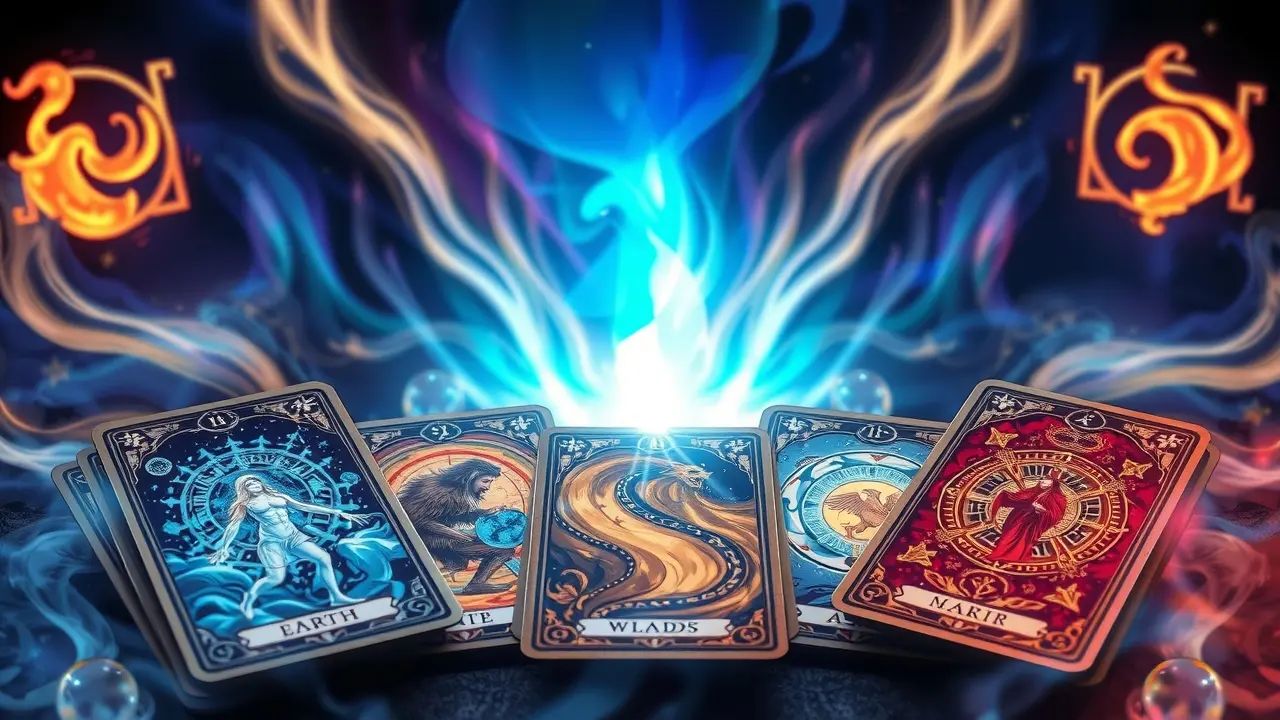 Unlock Your Destiny: A Deep Dive into Tarot-Element Reading Tarot cards arranged on a table, surrounded by elemental symbols.