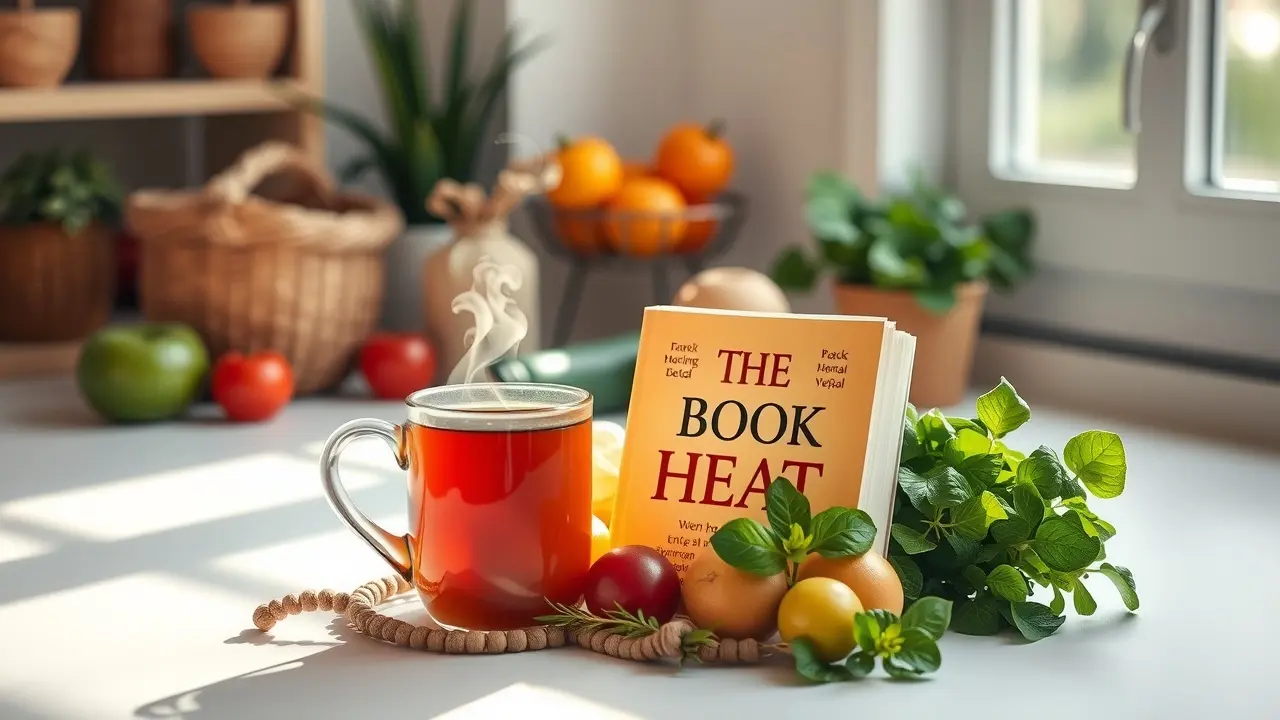The Book on Heat Review: Can It Really Help You Lose Weight? The Book on Heat surrounded by healthy food and tea.