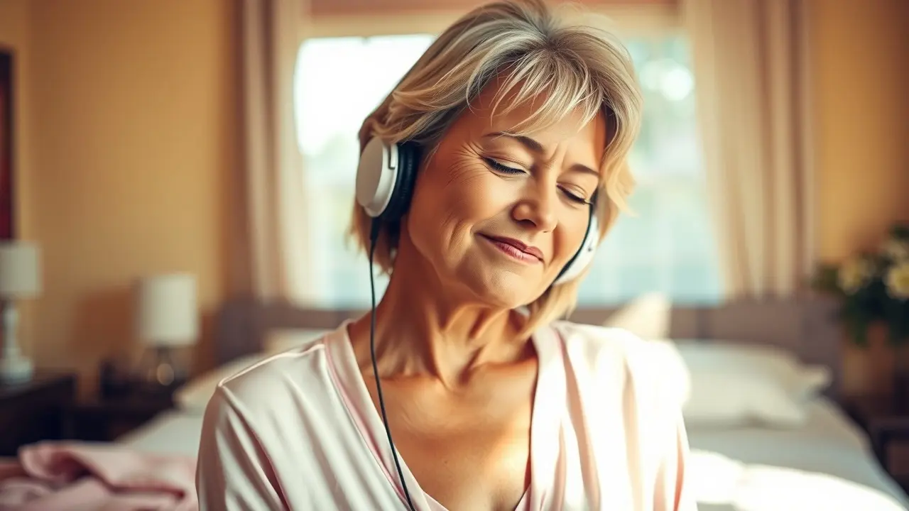 The Desire Wave Review: Can This Audio Program Reignite Your Intimacy? Mature woman listening to headphones, smiling confidently