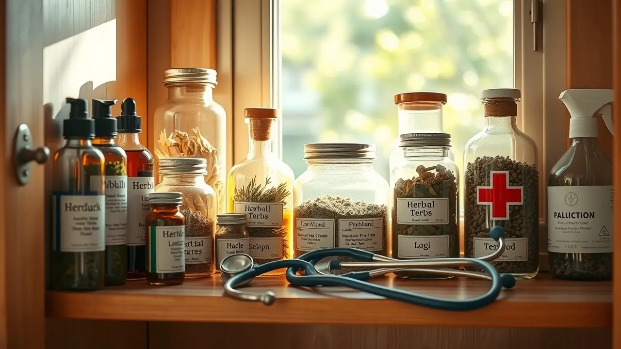 Home remedies and first aid supplies in a cabinet.