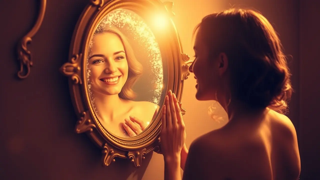 The Golden Mirror Review: Does This Manifestation Course Really Work? Reflection of a joyful woman in The Golden Mirror