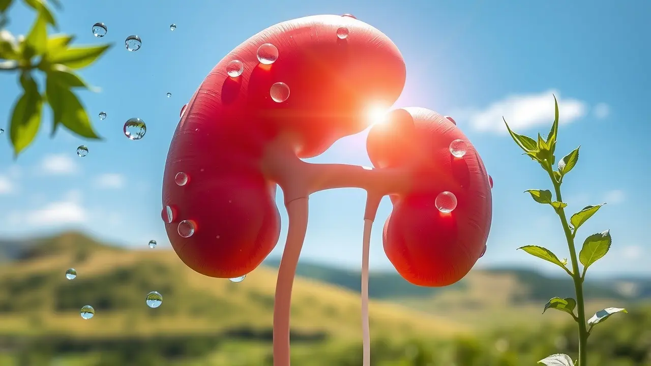 Healthy kidney surrounded by water and herbs