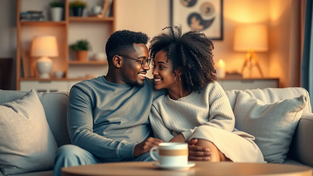 The Magic Of Making Up Review: Can It Save Your Relationship? Happy couple smiling at each other on a couch, symbolizing rekindled love and relationship improvement.