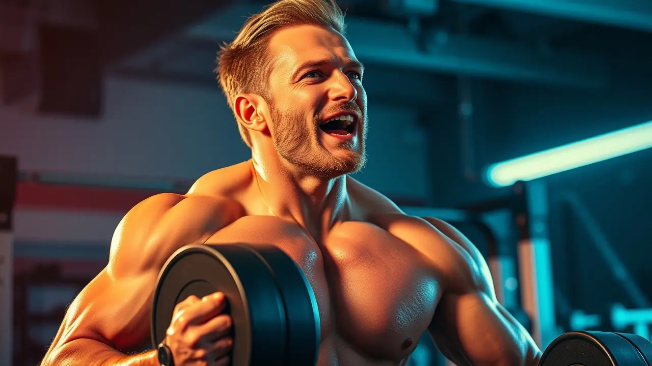 The Man Diet Review: Does It Really Boost Testosterone? Man flexing muscles in a gym, showcasing fitness and vitality.