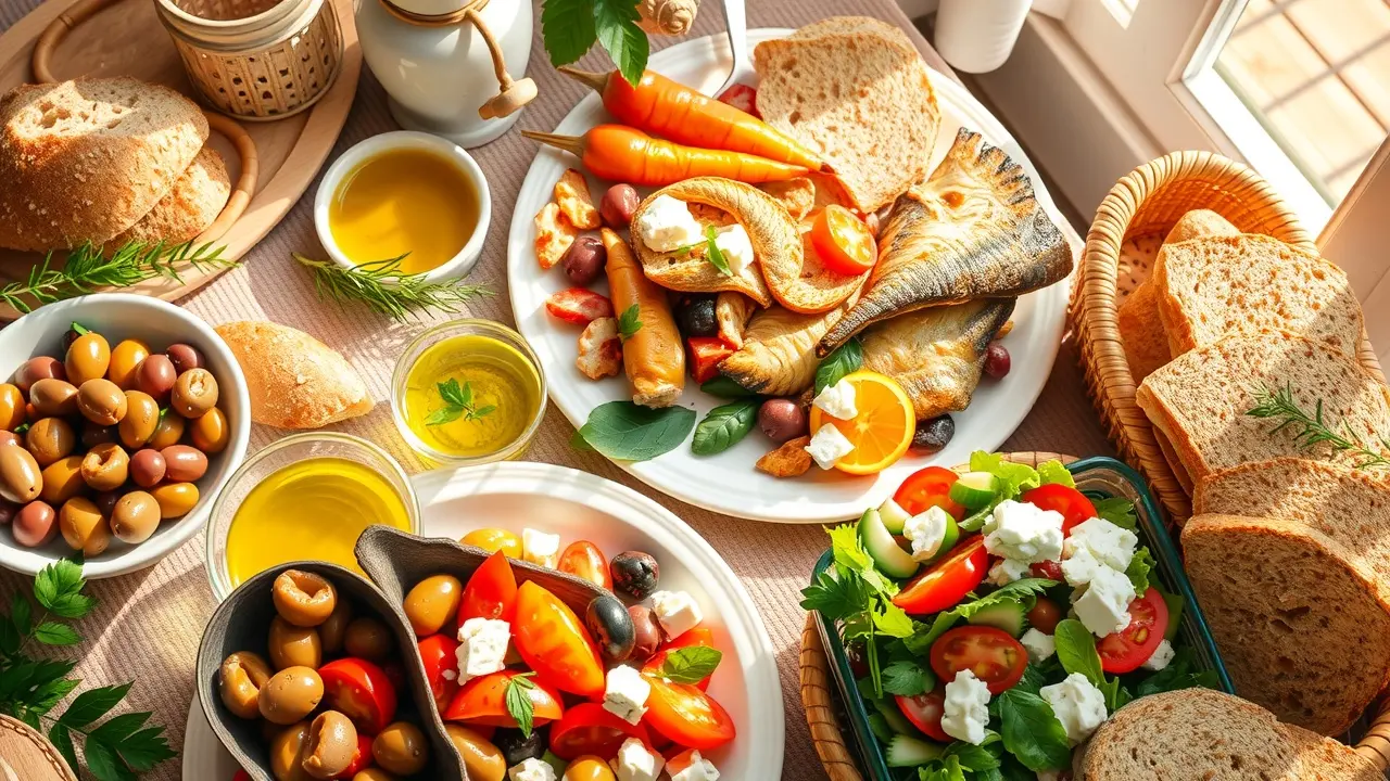 The Mediterranean Diet: A Comprehensive Review for a Healthier You Overhead view of a colorful Mediterranean meal with fish, salad, and olives