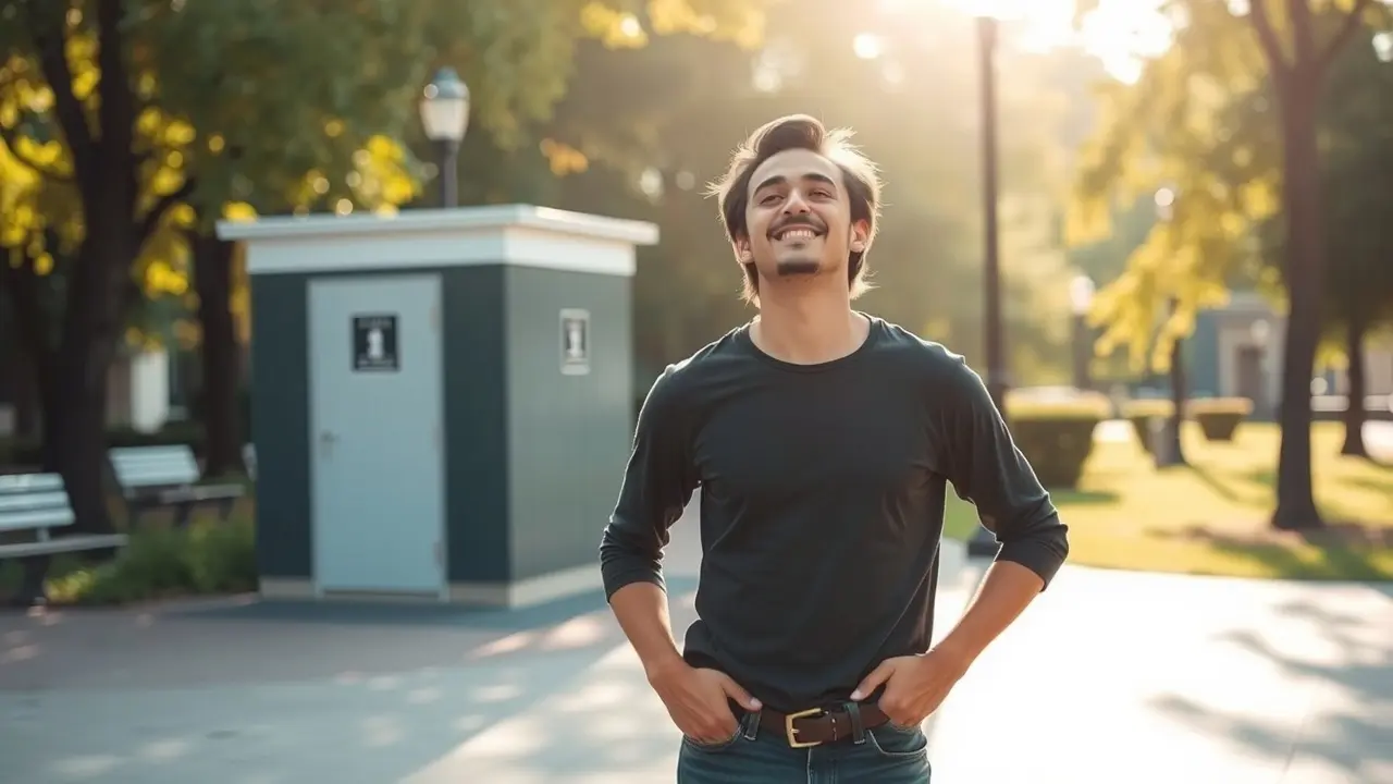 Overcome Shy Bladder: A Review of The Paruresis Treatment System Confident person in park near restroom overcoming paruresis