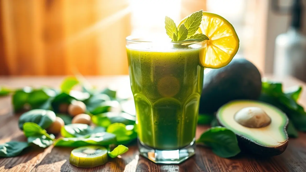 The Smoothie Blueprint Review: Your Key to Effortless Weight Loss? A fresh green smoothie with visible ingredients: spinach, apple, kiwi, and avocado.